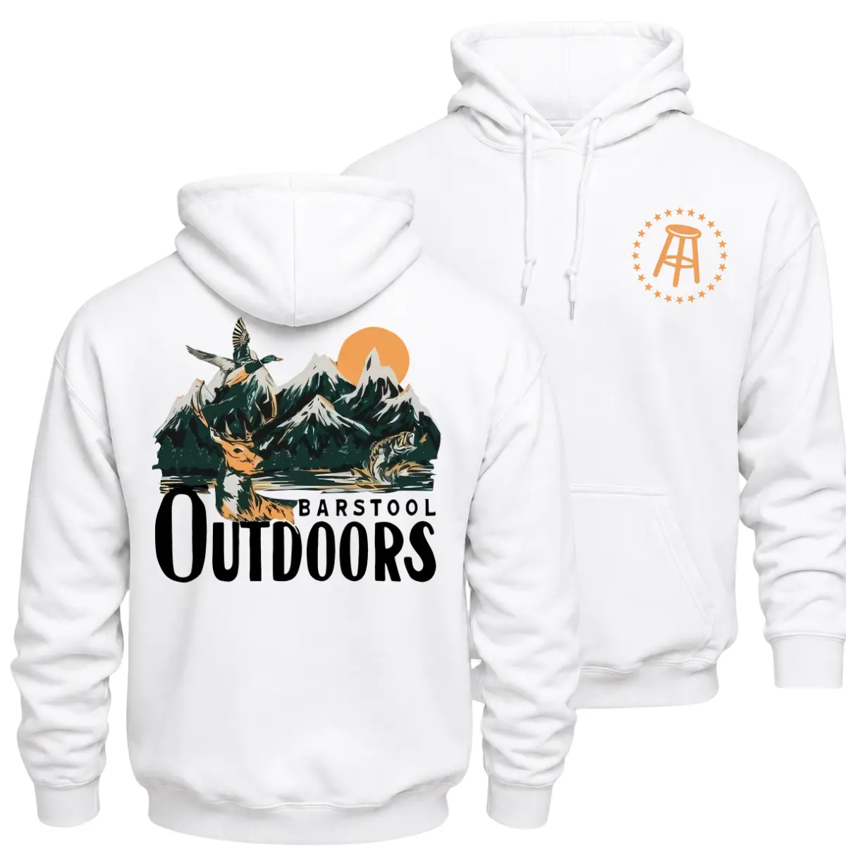 Barstool Outdoors Hunting and Fishing Hoodie, Whitetail Deer Mallard Duck and Bass Mountain Graphic Pullover, Front Chest Logo and Large Back Print Sportsman Apparel, Outdoor Hunting Fishing Gift for Men and Women