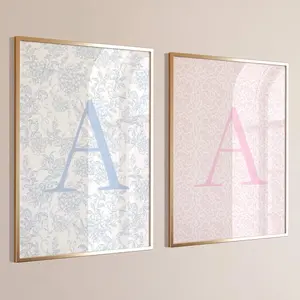 Custom Pink Blue Floral Initial Poster - Personalized Letter Wall Art for Dorm or Bedroom, Monogram Name Print Boy's Girl’s Room Decor Gift