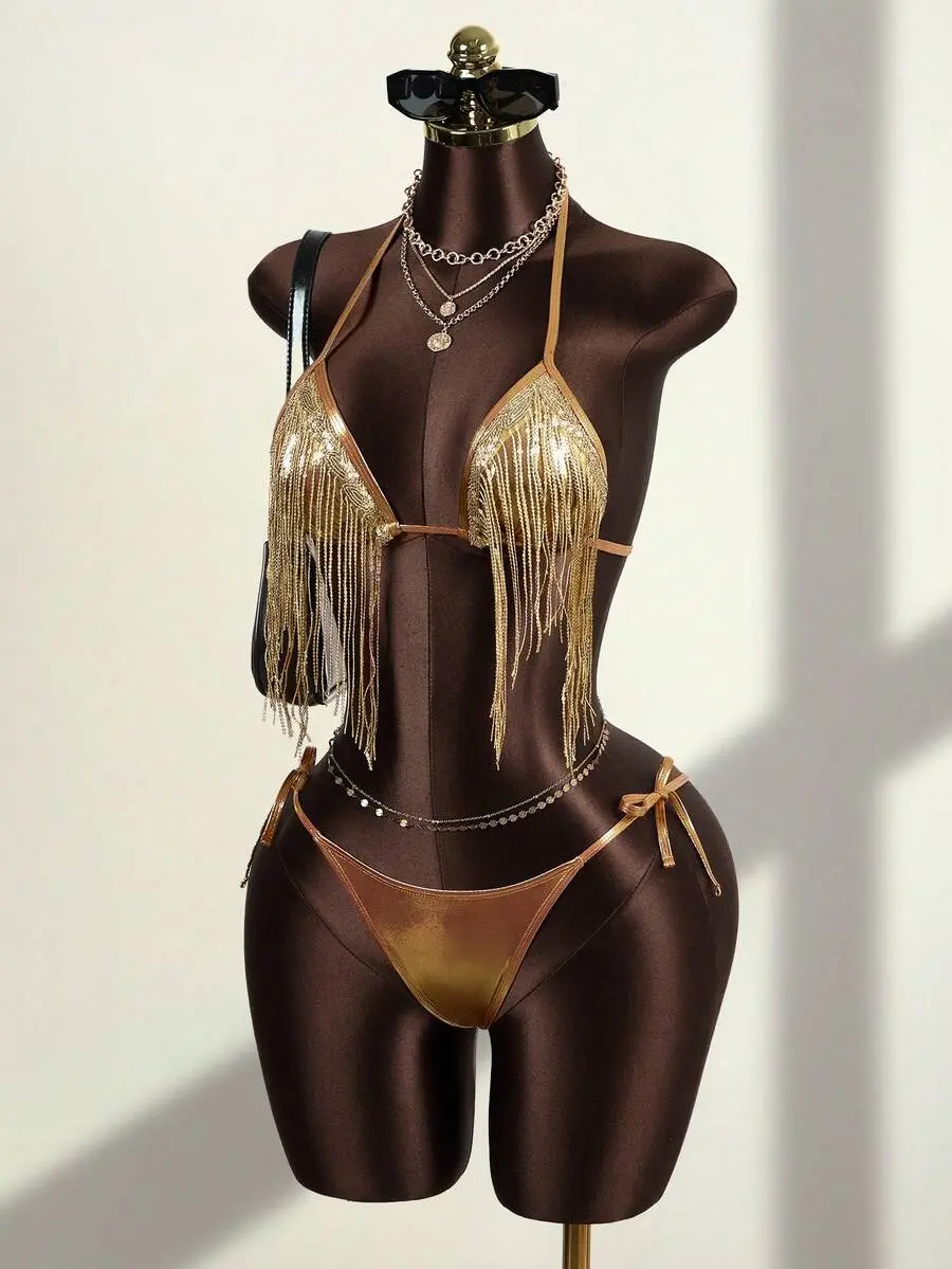 Women's 2-Piece Gold Fringe Sequin V-Neck Halter Tie Bikini Top & Side Tie Triangle Bottoms, Sexy Summer Party Music Festival Swimsuit Set