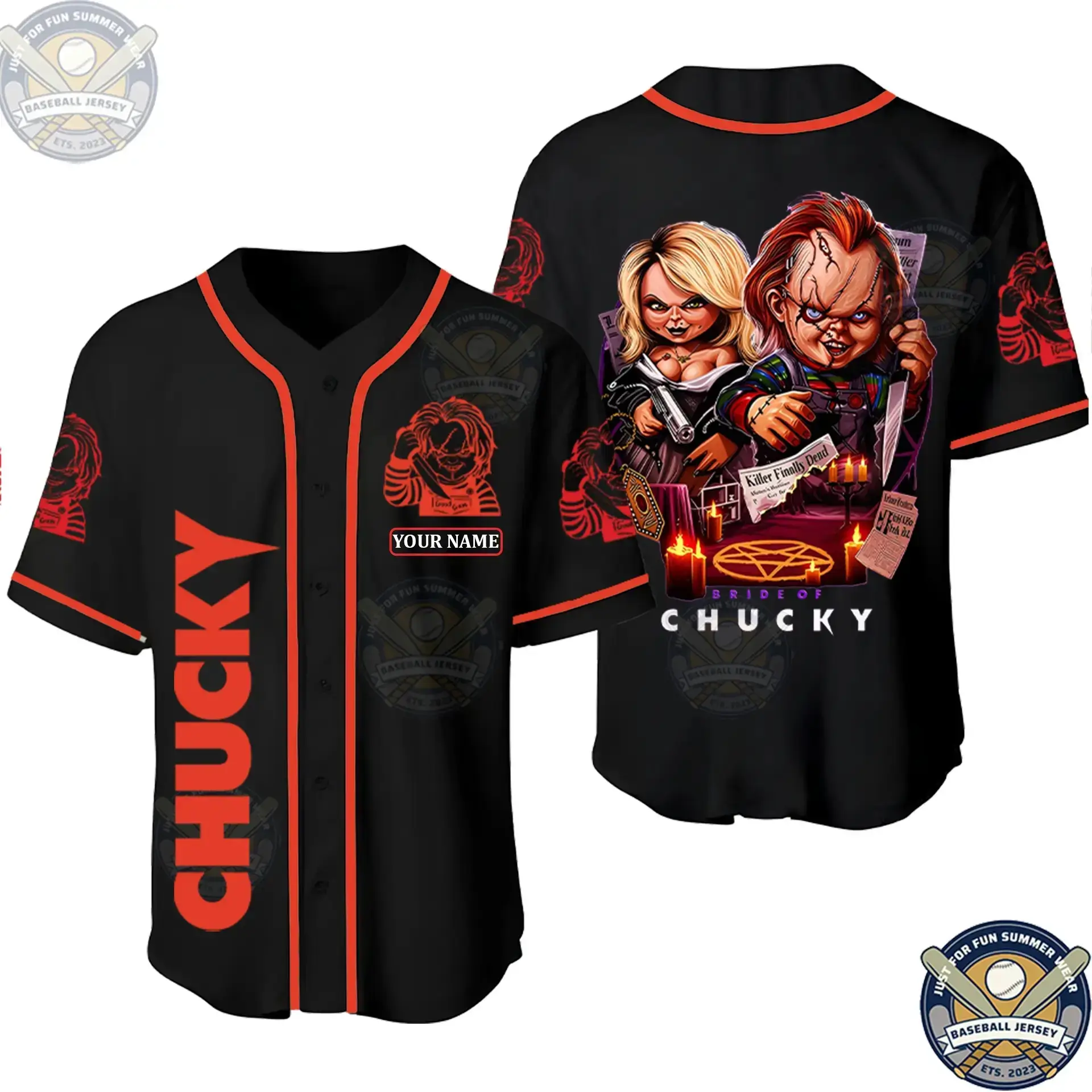 Characters Baseball Jersey, Wanna Play Chucky Shirt Personalized Custom Name Halloween Shirt Jerseys Breathable Men's Baseball Jersey 3D Printed Unisex Horror Tiffany and Chucky Outfit For Halloween Movie Gift Shirt Fan