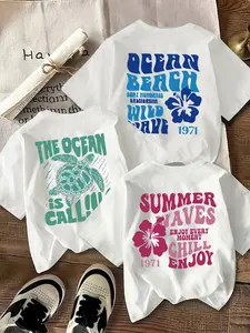 3-piece set of girls' retro fashion short-sleeve T-shirts, comfortable and casual summer tops, Graphic Shirts, Graphic Tees, with fresh and sweet beach-themed pattern prints, suitable for daily wear and vacation for girls