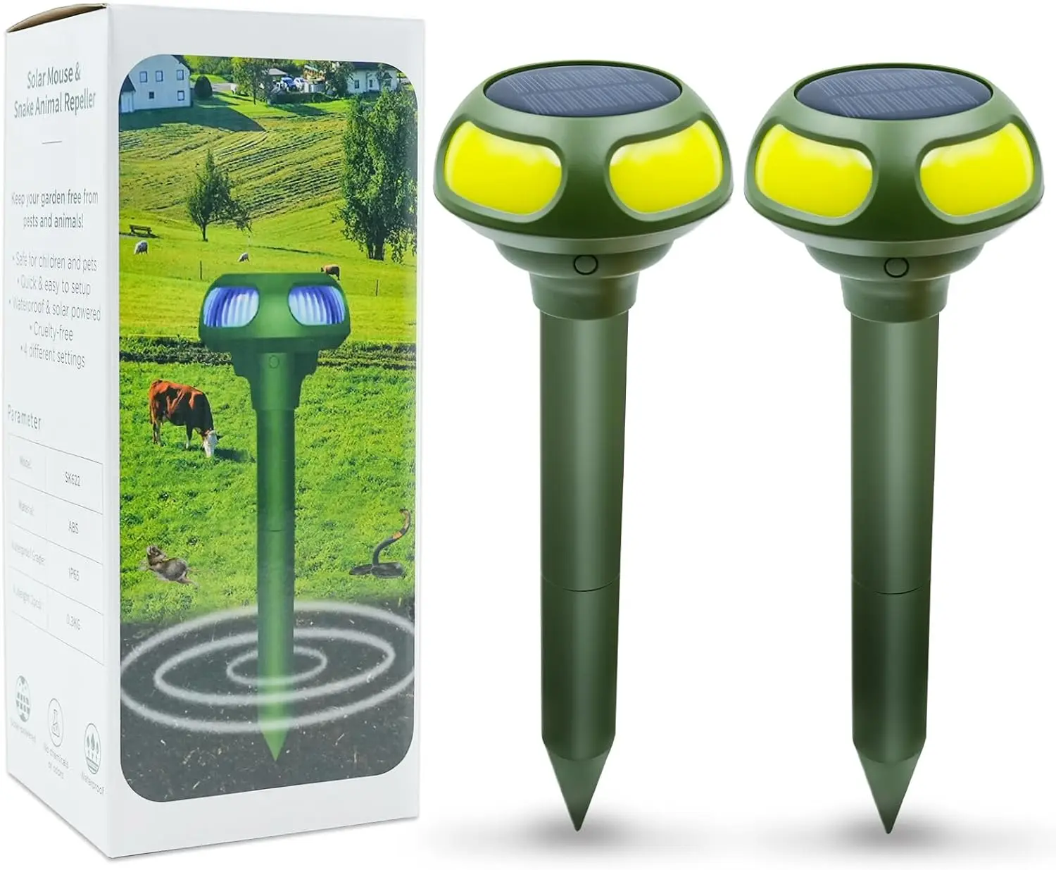 2PK Polycarbonate Solar-Powered Ultrasonic Pest Repellent Spikes (Green) - 2-Piece Sets, Waterproof Switch, Safe and Humane Mole, Gopher, Vole, Snake Deterrent for Pest-Free Outdoor Lawns, Gardens, Two Piece Sets