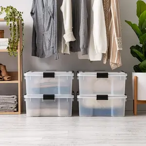 IRIS USA 41 Qt Storage Box with Gasket Seal Lid, 4 Pack - BPA-Free, Made in USA - Heavy Duty Moving Containers with Tight Latch, Weather Proof Tote Bin, WEATHERPRO - Clear/Black