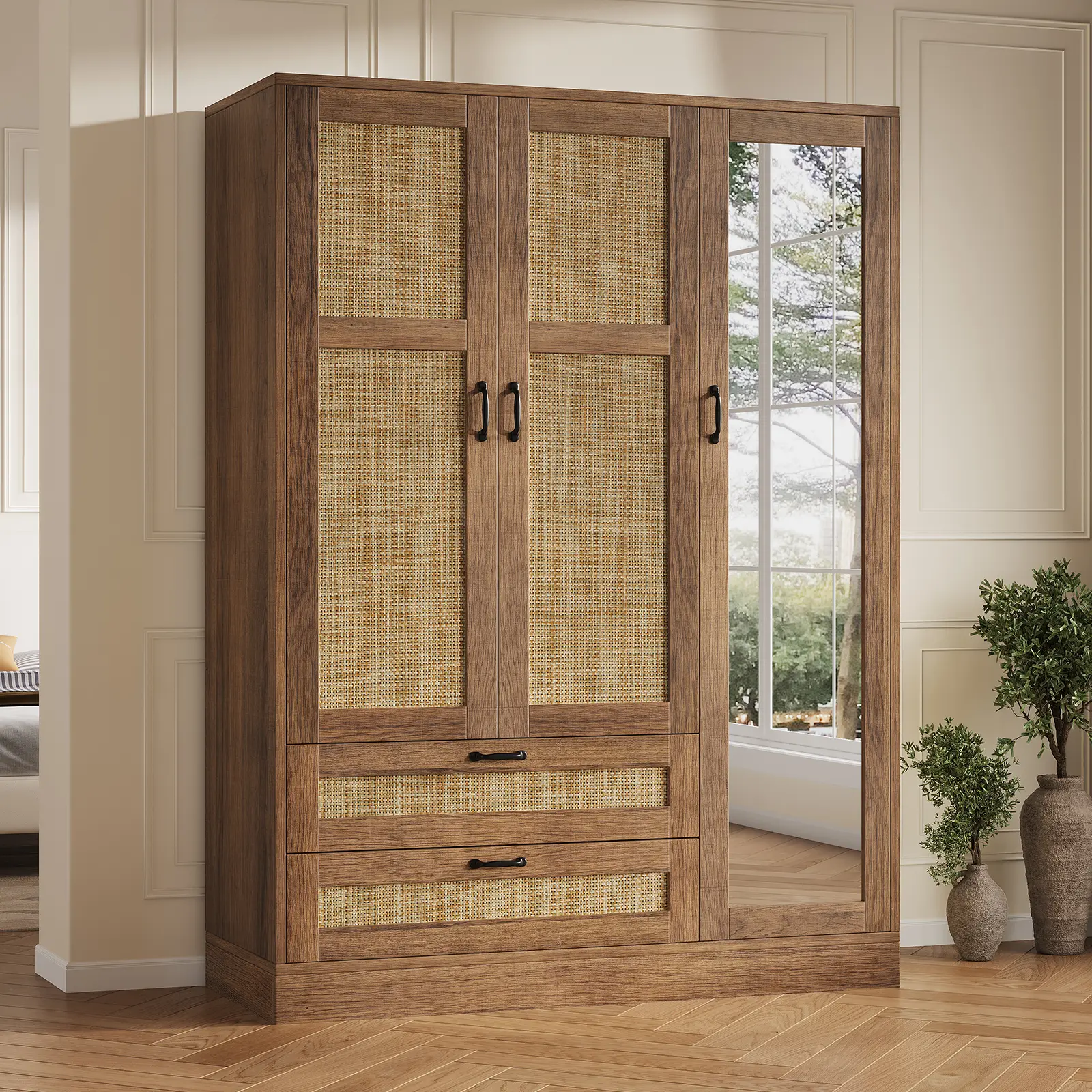 FUSOU 3-Door Bohemian Brown Wood Armoire - 5-in-1 with Full Length Mirror, 2 Deep Drawers for Deep Drawer Space, 4 Sturdy Shelves, Clothing Storage, Holds Travel Bags, Pre-Assembled Bedroom Cabinet