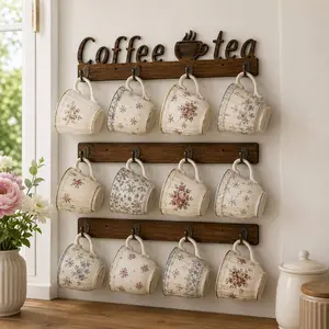 Vintage Style Wooden Thickened Coffee Cup Holder Rack, 3-Tier Wooden Mug Hook, Functional & Cute Coffee Cup Wall Rack,Multifunctional Coat and Hat Hook,High-Capacity Hook,Perfect Gift for Mom