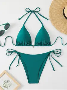 Plus Size Solid Halter Bikini Set, Casual Fashion Chic Tie Back Bikini Top & Tie Side Swim Bottom, Women's Swimsuit for Beach Holiday Vacation