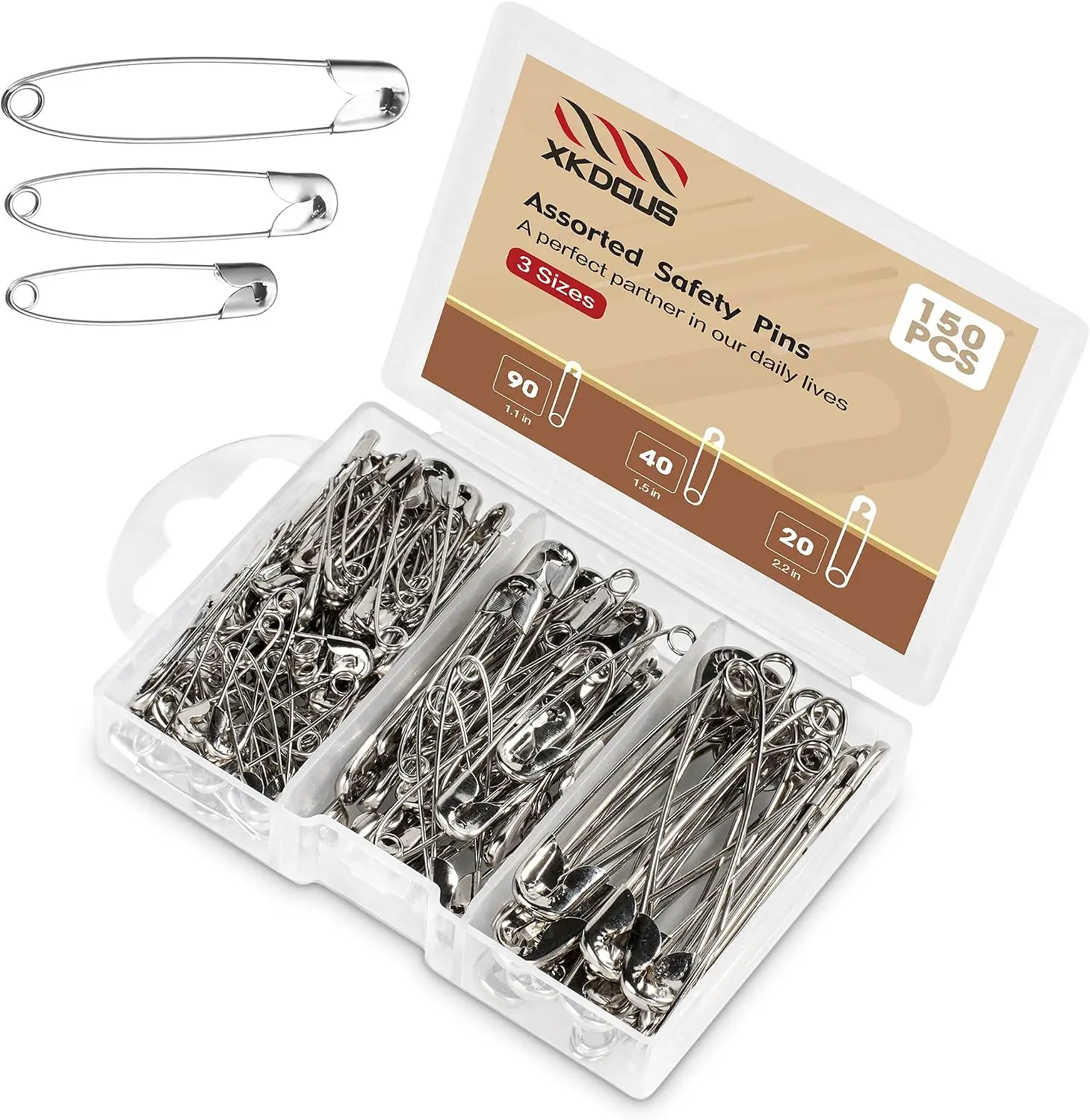 150 Pack Safety Pins for Clothes 3 Universal Assorted Sizes, Silver