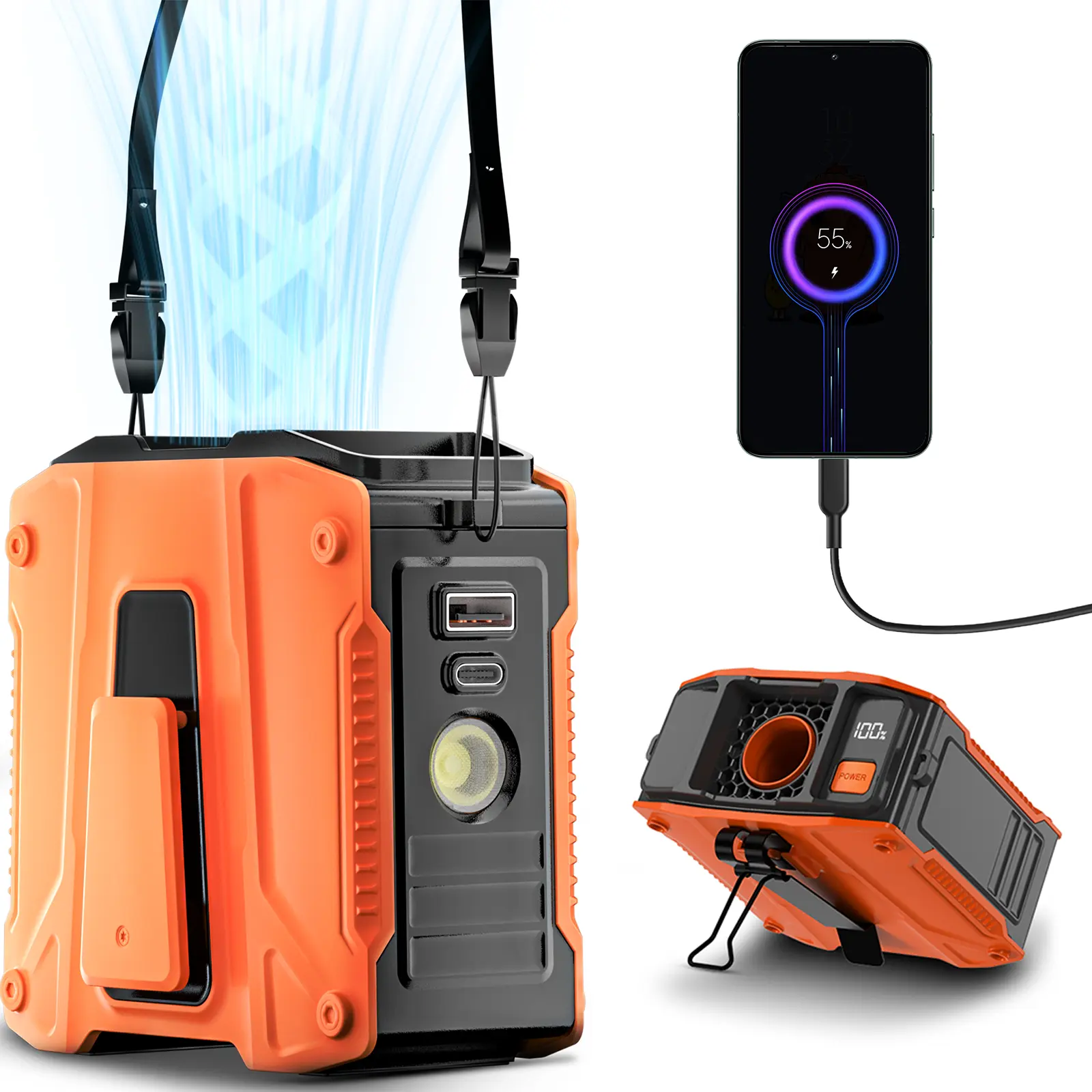 FrSara Waist Cooling Fan - 14500mAh Battery Operated Portable Fan, PowerBank Function, Adjustable Airflow, Clamp-On Design, Lanyard, Light, 5-Speed, 16H Run-Time, Outdoor Work, Golf, Father's Day Gift for Blue Collar