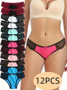 12PCS, Seamless Women's Daily Sports Underwear, Low Waist Comfortable Cotton Splicing Triangle Pants, Lace Lace Bow Underwear Underwear Bridal Lingerie Lady Womenswear PantiesGift