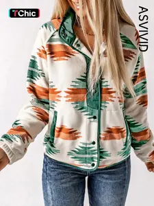 Women's Ethnic Pattern Button Front Pocket Jacket, Casual Western Style Long Sleeve Raglan Sleeve Stand Collar Zipper Outerwear Coats, Ladies Clothes for Daily Wear Womenswear, Casual Longline Outerwear