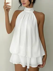 MUS599 Designer Dress Women's Summer Halter Neck Mini Dress - Flowy Ruffle Bubble Hem Sundress - Cute Sleeveless Boho Party Dress for Vacation & Beach