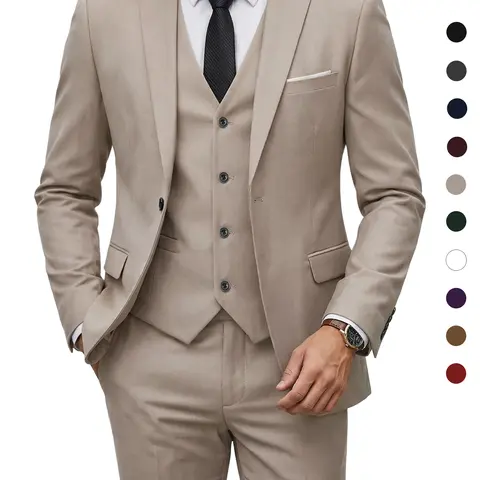 YND Men's 3-Piece Slim Fit Formal Suit - 1-Button, 30% Denser Fabric Jacket, Pants & Tie Set, 3D Tailored Fit, Plain, Inside/Out Pockets, Corporate Office Workwear for Wedding, Business Events