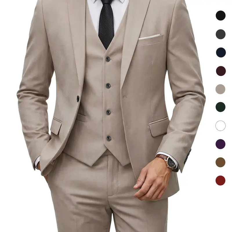 YND Men's 3-Piece Slim Fit Formal Suit - 1-Button, 30% Denser Fabric Jacket, Pants & Tie Set, 3D Tailored Fit, Plain, Inside/Out Pockets, Corporate Office Workwear for Wedding, Business Events