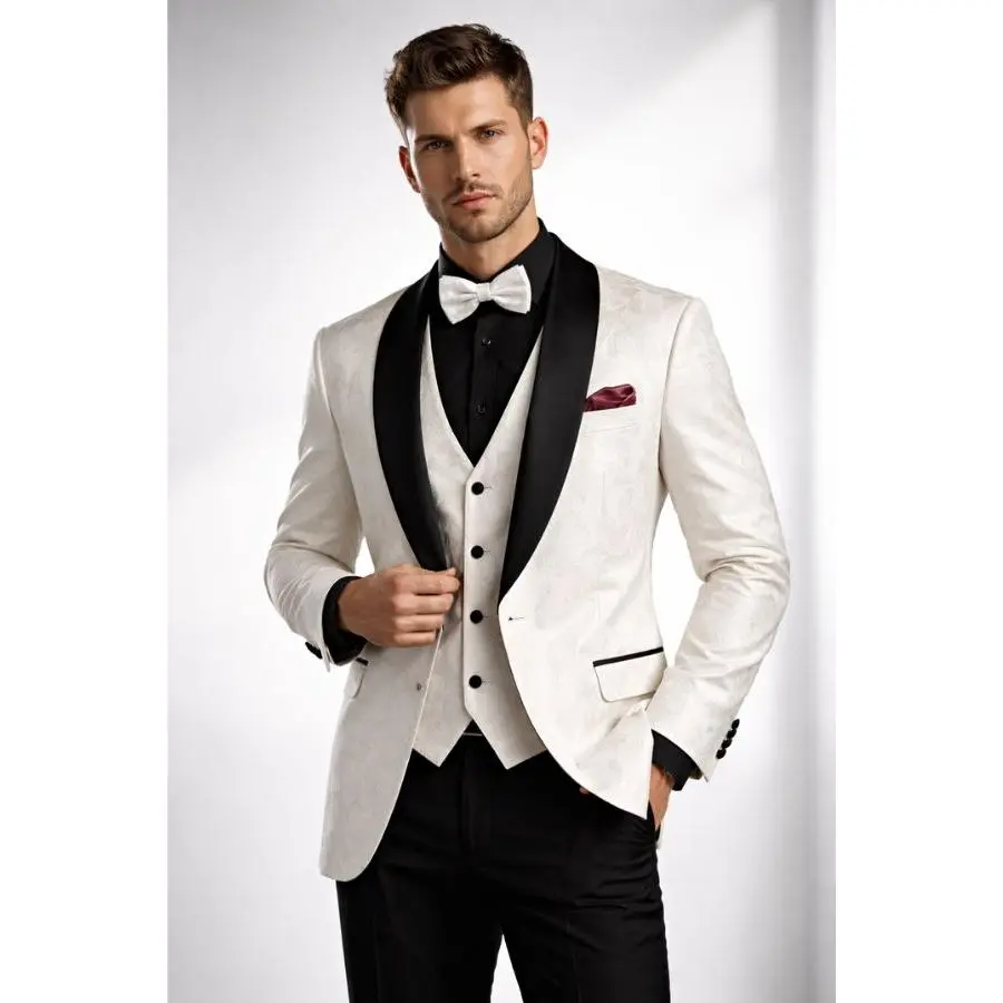 Men’s White Paisley Jacquard Tuxedo – Slim Fit 3-Piece Set with Black Satin Lapels