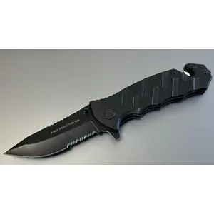 Rescue Tactical Pocket Knife EMT Glass Breaker Seat Belt Cutter 4.5" Combination Blade Pocket Clip Black 1045 Surgical Steel