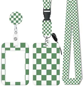 ID Badge Holder with Retractable Lanyard and , Badge Reel with Rotate Carabiner Clip,Green Checkered Card Name Tag Lanyard ID Protector Bage Clips for Student, Women, Office