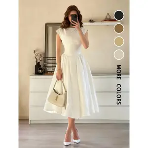 garden dresses prom 2026 Summer Vintage Midi Dress  Elegant Sleeveless A-Line Flared Dress for Women  Casual Solid Color Party Dress Basic Womenswear bridal shower dresses