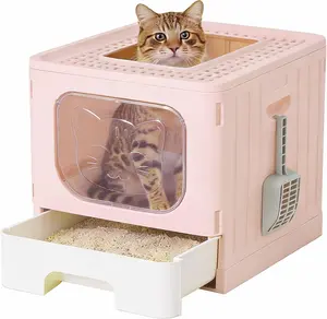 Foldable Cat Litter Box with Lid, Front Entry Top Exit Kitty Box, Easy Clean Drawer Design, Large Space Odor Control, Gray / Pink