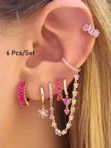 6pcs Lovely Cubic Zirconia Dangle Earrings, Zirconia Flower Hoop Earrings Set, Fashion Jewelry for Women