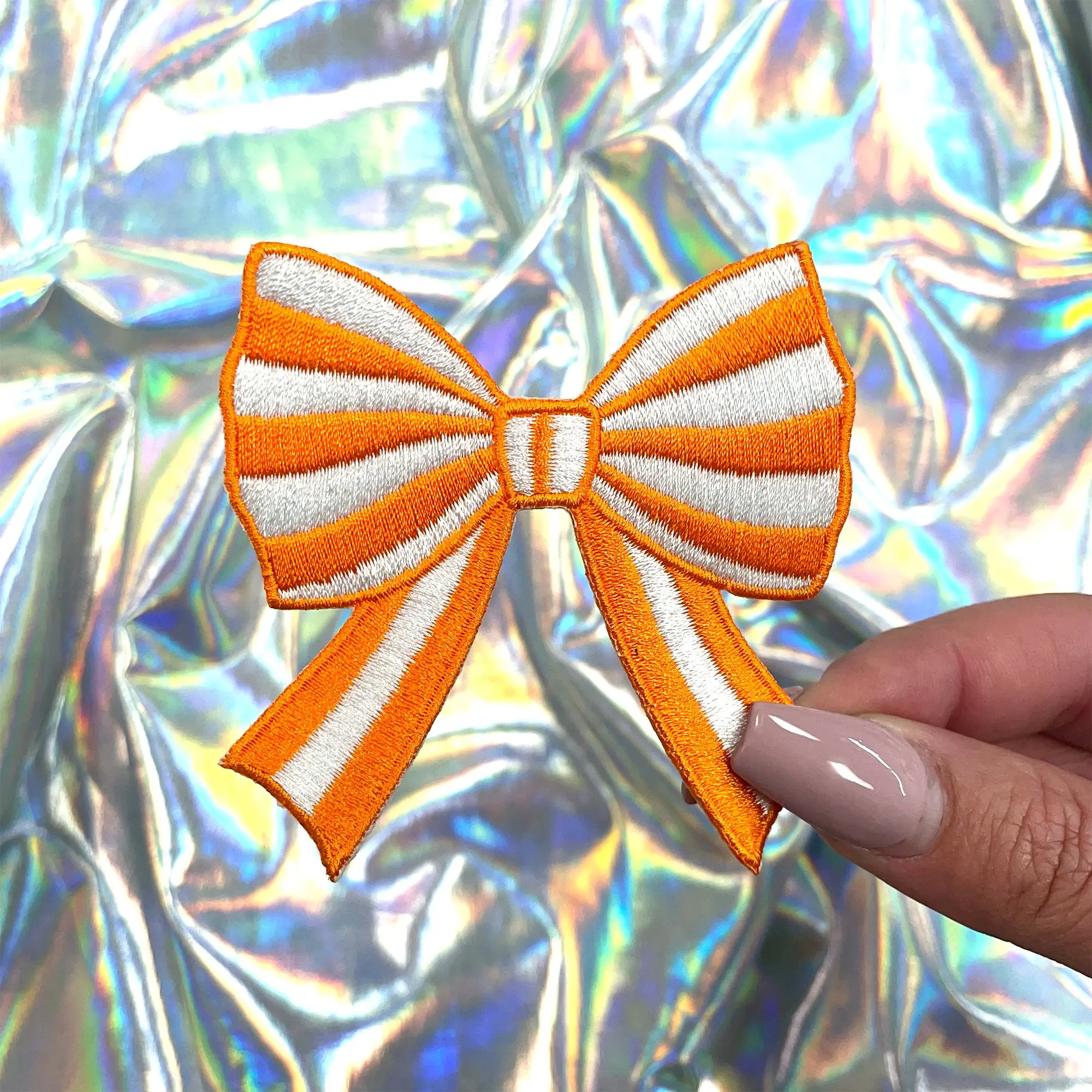 Orange Striped Coquette Bow Patch Embroidered Iron-On