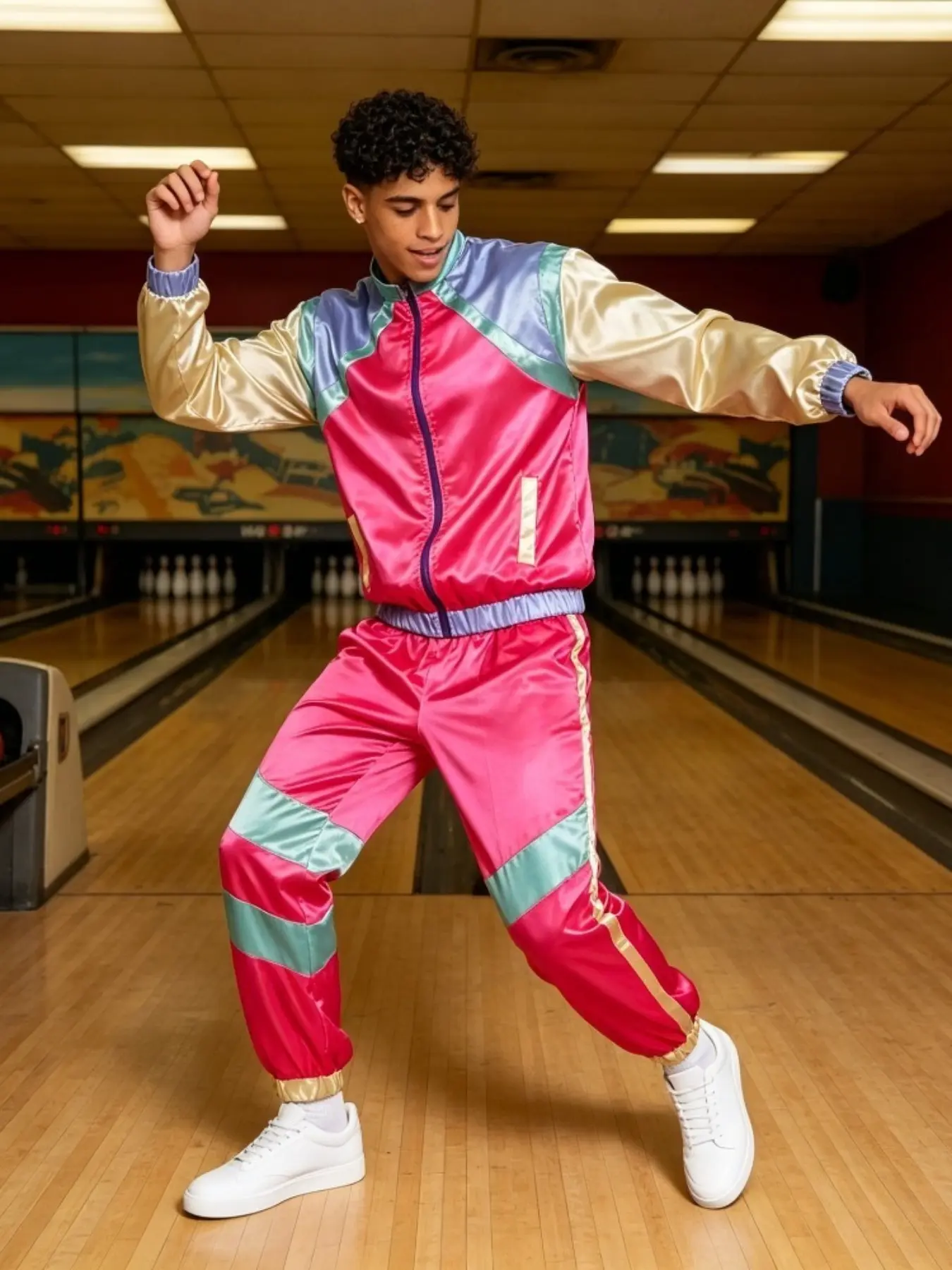 80s Bowling Alley Tracksuit Set | Retro Jogger Suit with Fluorescent Zip Up Jacket + Elastic Side Stripe Pants | Vintage Disco Costume for Bowling Party
