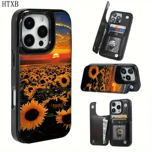 A Business Leather Card Holder Phone Case with Sunflower and Sunset Patterns, Suitable for iPhone 17 Air/16 Plus/15 Pro Max/14 Pro/13/12/11/XS Max/X Phone Case, Ideal Gift for Family, Friends, Lovers, Boyfriend, Girlfriend, Best Choice for Gifts KBPK21