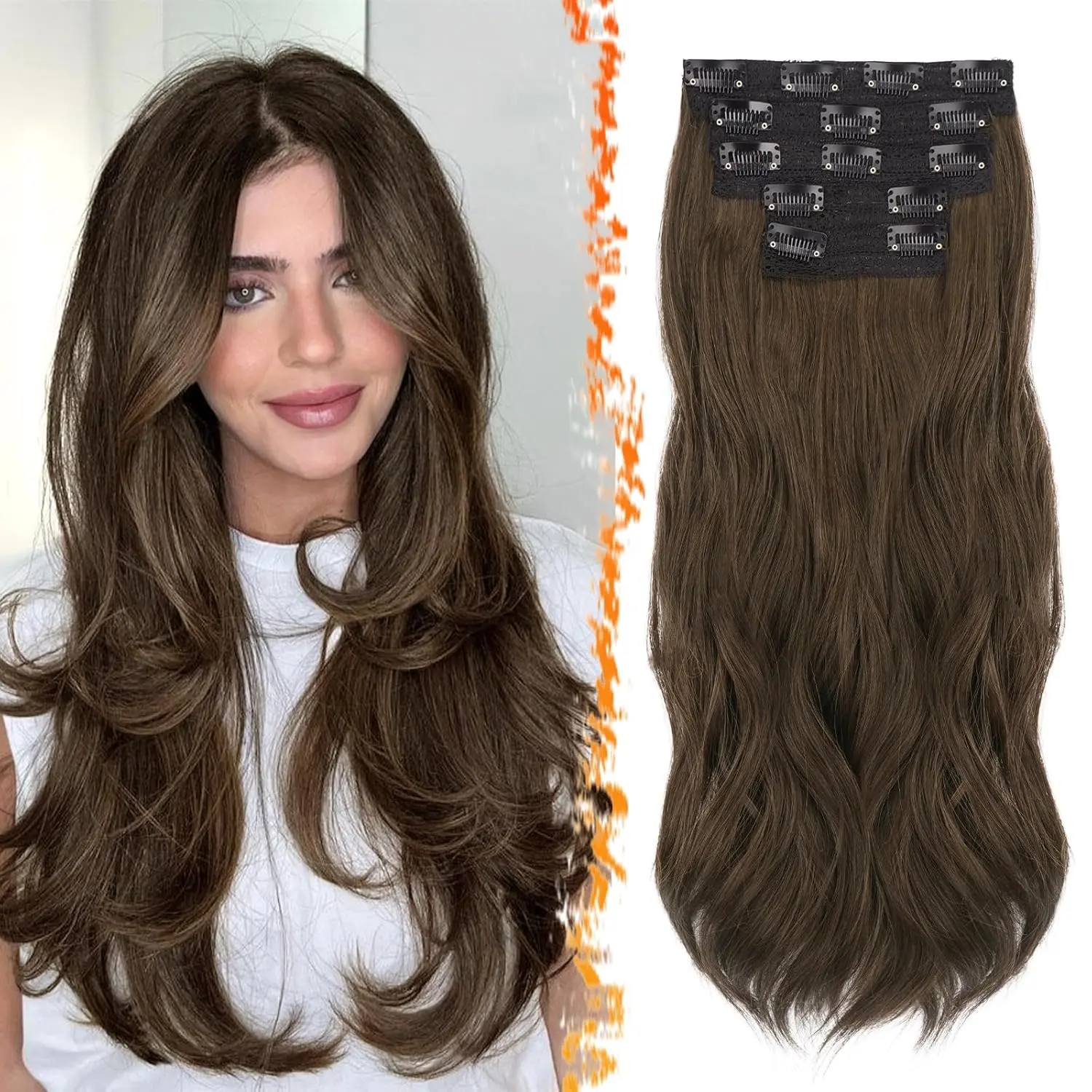 Brown Clip in Hair Extensions - 20 Inch Loose Wavy Clip in Hair Extensions for Women, 5 count Layered Extension Lace Weft Voluminous Easy Wear Soft Synthetic Brown Hairpieces