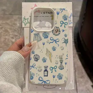 Blue Floral Bow Perfume Pattern Anti-Drop Soft Case for iPhone 11/12/13/14 Pro Max/15 Pro/16 Plus/16 Pro Max, Tpu Material, Gift Option