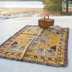 Yarn Woven Picnic Blanket with Tassel: Yellow Rosette Pattern, Soft and Breathable, Multi Purpose for Travel Camping Shawl Beach Towel Lawns Weddings Concerts. Indoor Bohemian Decoration and Used As Bed Blanket Sofa Towel Tablecloth Tapestry Yoga