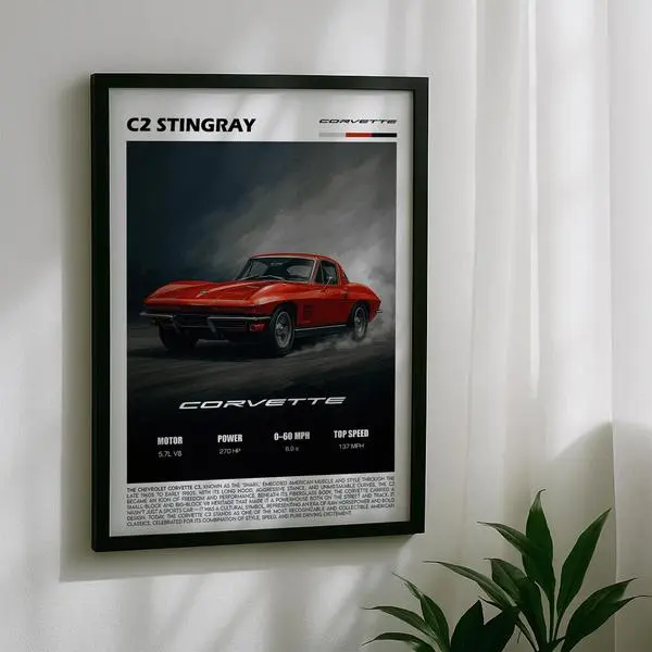 Vintage Corvette C2 Stingray Muscle Car Art Poster - Classic For Car S