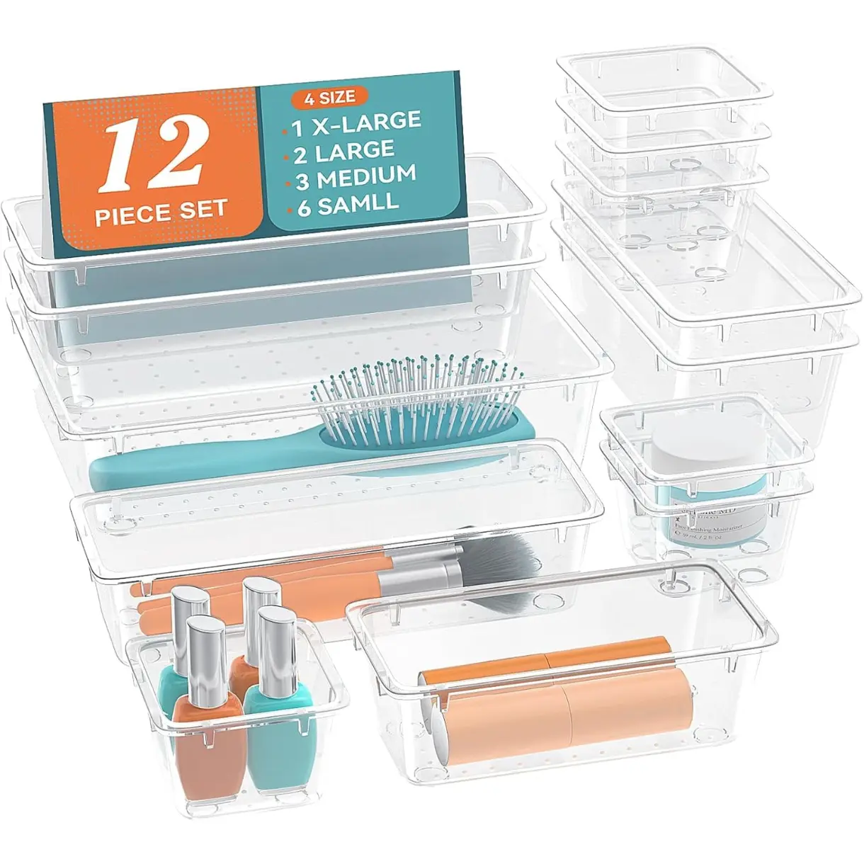12 PCS Drawer Organizer Set, 4 Sizes Tool Storage Trays, Clear Plastic Makeup Vanity Organizer and Storage Bins for Makeup, Stationeries, Multiple Gadgets for Bathroom, Office, Bedroom