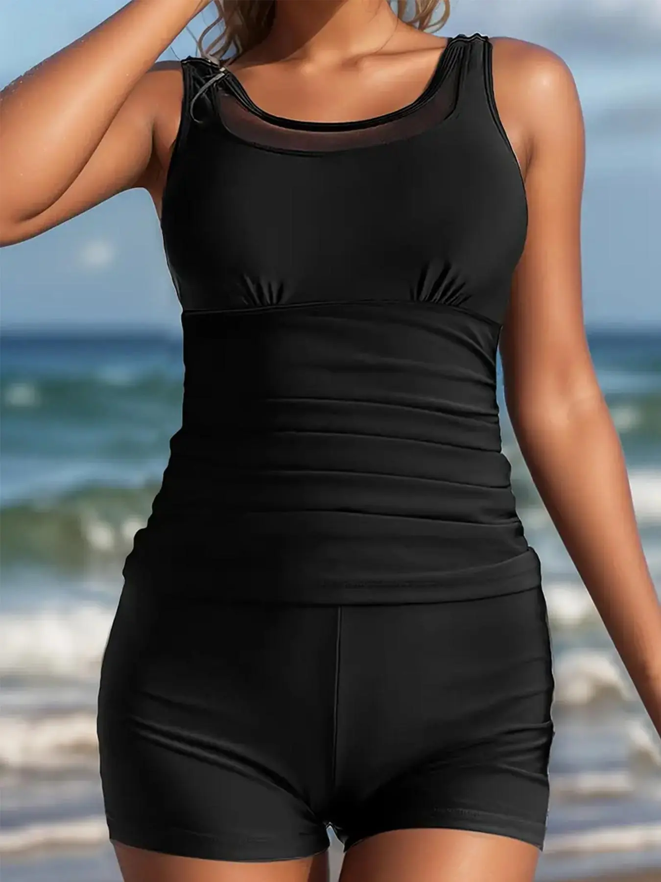 【Plus Size】 Solid Contrast Mesh Tankini Set, Casual U Neck Sleeveless Swim Top & Swim Shorts, Women's Two-piece Swimsuit for All Seasons, Tankini Swimsuits Women, Mesh Bathing Suit