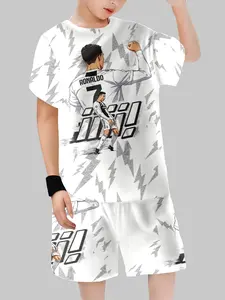 Kids CR7 Juventus Football Sports Suit - White Lightning Cartoon Edition Short Sleeve Tee & Shorts Sports Clothing Set