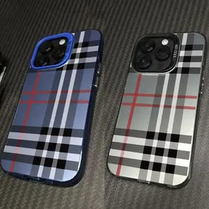 Luxury Plastic Shockproof Cellphone Case - Classic Plaid, Glossy Green Checkered, Trendy Preppy Aesthetic Accessory for iPhone Devices with Holiday Lotus Design, Full Protection