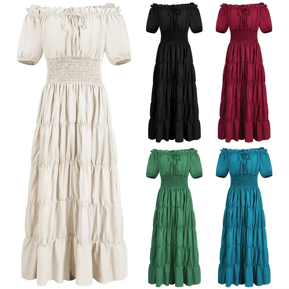 [50%+OFF Today] Renaissance Costume Women Medieval Irish Dress Retro Gown Wench Peasant Smocked Waist Long Dresses