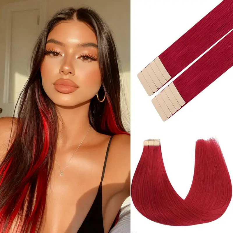 MOCA Women's Straight Red Hair Extensions, 10 Pcs Tape-in Soft Hairpieces for Colorful Highlights, Heat-Resistant for Party & Cosplay, Synthetic Soft Hairpieces, 24 In