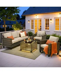4 Pieces Outdoor Patio Furniture Set,Outside Conversation Set with All-Weather Wicker Sofa,Deep Seating Cushions and Solar Powered Coffee Table