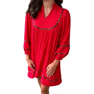 Textured V Neck Leopard Contrasted Trim Long Sleeve Shift Mini Dress