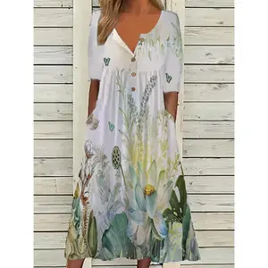 Women’s Boho Floral Print Maxi Dress – Short Sleeve, Summer V-Neck, Loose Casual Style with Pockets