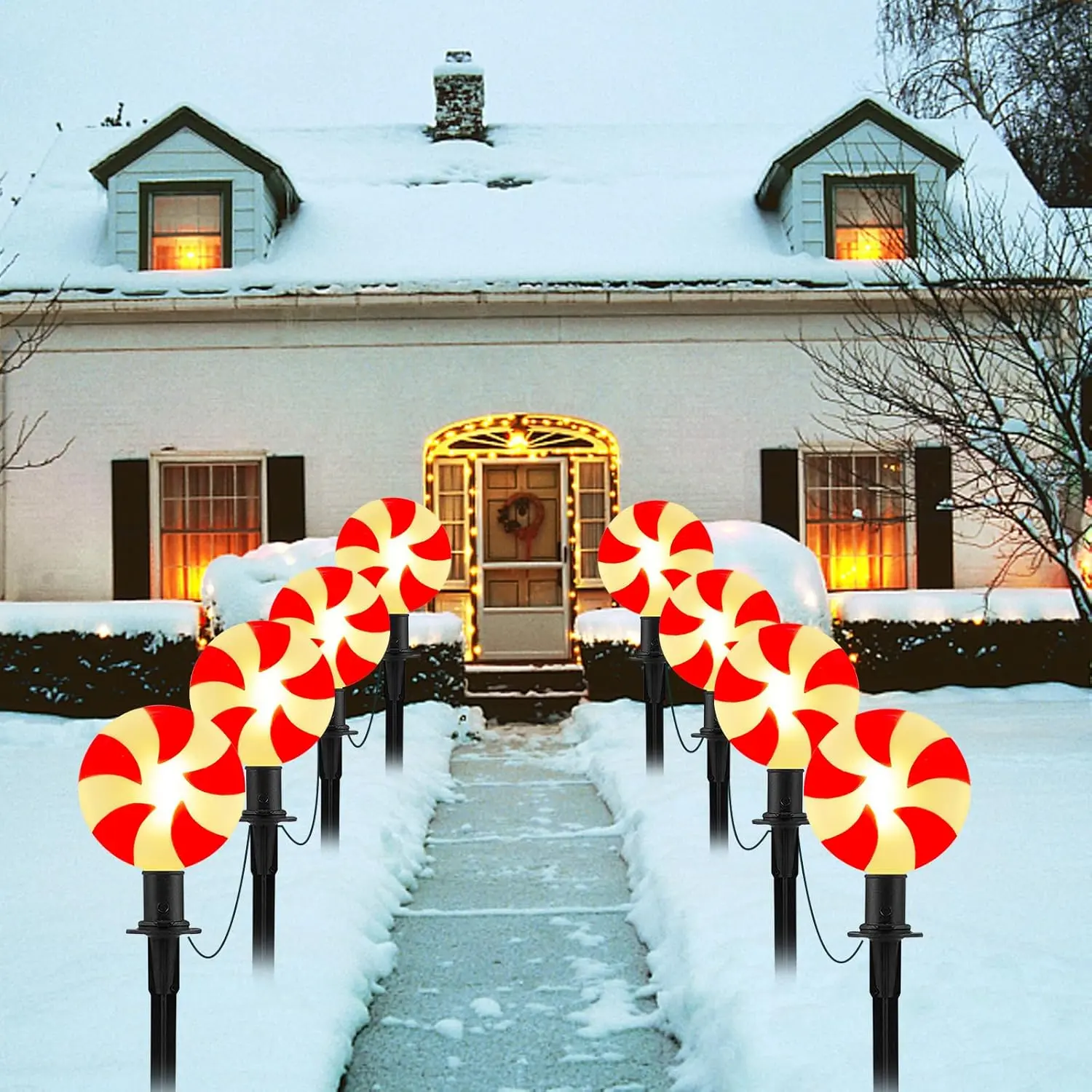 Christmas Lollipop Pathway Lights, 2 ts 7Ft Christmas Pathway Lights Outdoor with 8 Candy Cane Markers Stake Lights, Candy Cane Landscape Path Lights for Outdoor Lawn, Garden, Yard, Sidewalk