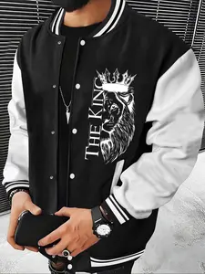 Men's Casual Sports Jacket, Slight Stretch Regular Fit, Baseball Collar Cartoon Lion Print, Button Closure, All Season Wearable Coat