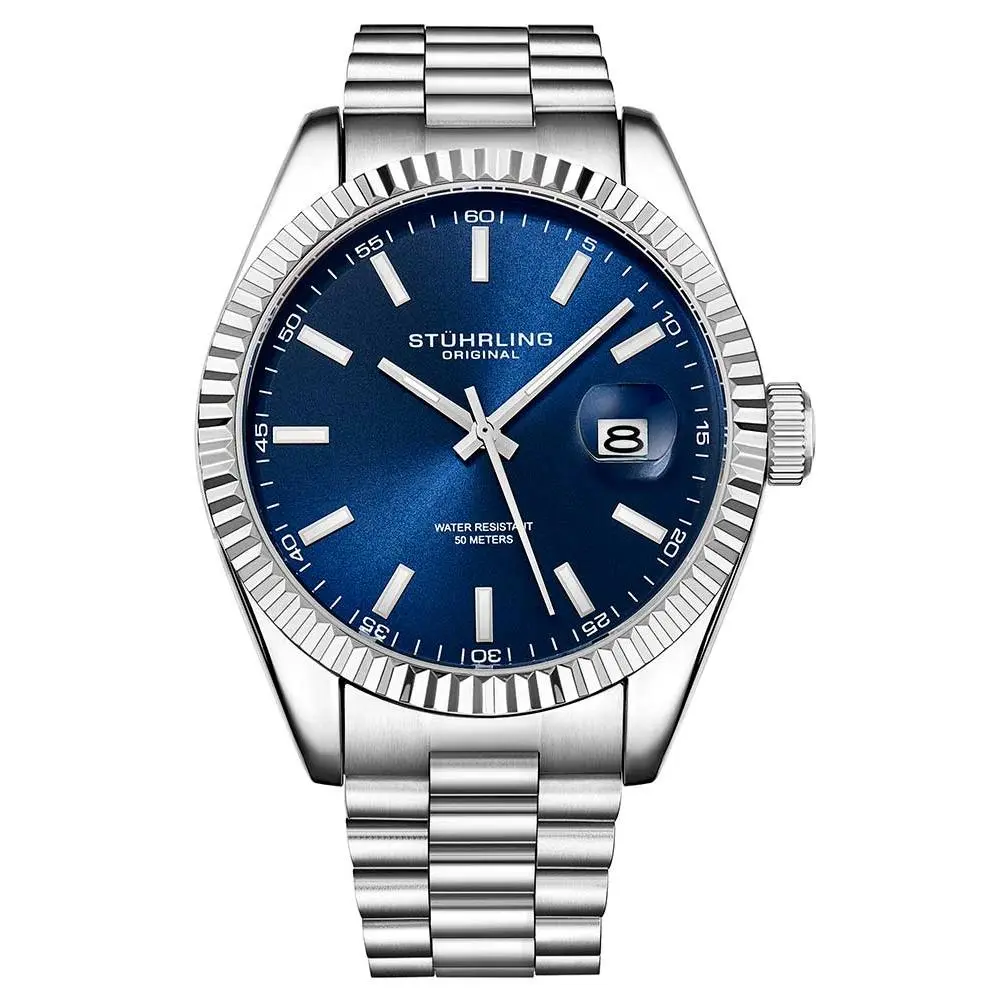 Stuhrling Lineage 3935 Classic Ultra-Thin Stainless Steel Quartz Wristwatch, Unisex 42mm Analog Display with Luminous Hands and Link Bracelet, Quartz Watch, Stainless Steel Wristwatch