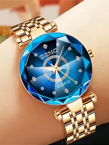 Women's Waterproof Quartz Watch, Trendy Exquisite Watch, Elegant Blue Analog Dial, Stainless Steel Polygon Face, Business & Casual Wear, Perfect Gift