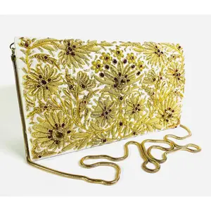 WHITE RAW SILK BAG WITH PRECIOUS AND SEMI PRECIOUS STONES