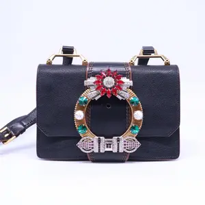 Pre-owned miu miu Leather Shoulder Bags Madras Crystal Buckle Shoulder Bag Small B20810