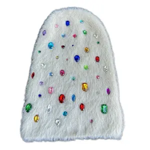 White Jeweled Rhinestone Fuzzy Beanie with Colorful Rhinestones for Stylish Warmth