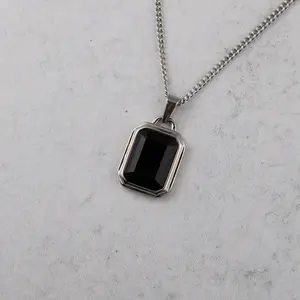 Silver Onyx Stone Pendant Chain Necklace