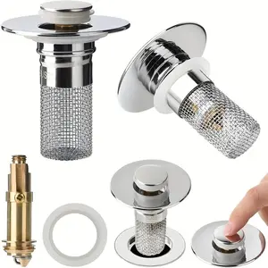 Bathroom Sink Stopper Hair Catcher Universal Pop Up Sink Drain Filter with Stainless Steel Filter Basket & Brass Drain Plug