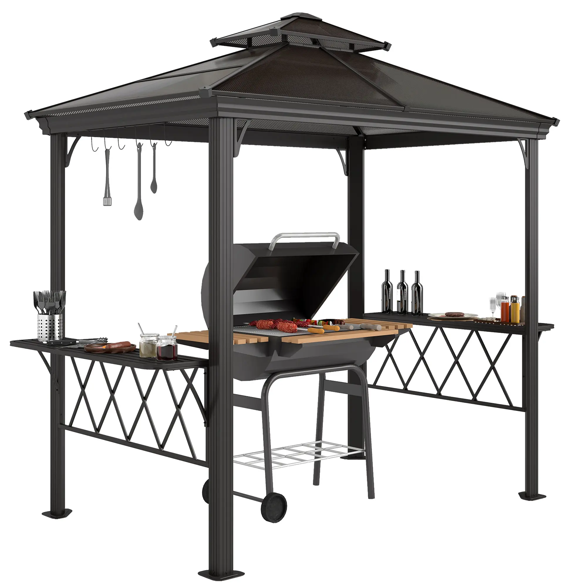 Outsunny 9x5 ft. Hardtop Grill Gazebo, Outdoor Canopy for Patio, 2-Tier Polycarbonate Roof, Shelves, Serving Tables, Hooks, Sun Protection for Backyard, Lawn