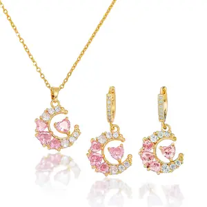 3PCS Pink Moon Jewelry Set Necklace & Earrings in Titanium Steel with Heart Design Zircon Accents for Women's Trendy Style Accessories